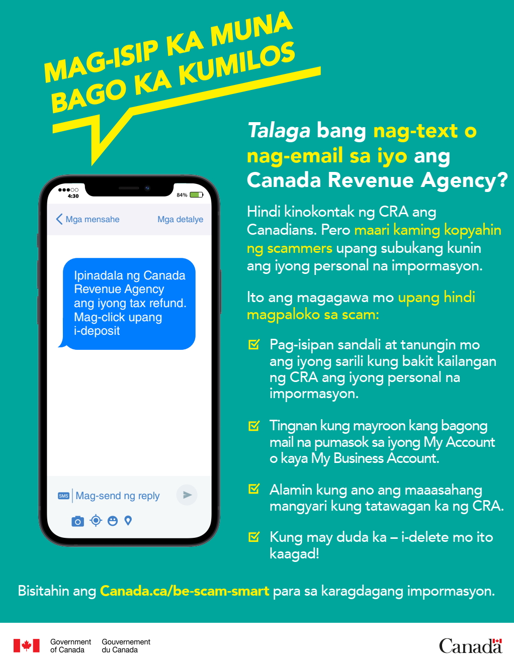 Cette affiche en Tagalog, en format PDF et aux fins d’illustration seulement, fournit quelques conseils qui proviennent de la page Web.
