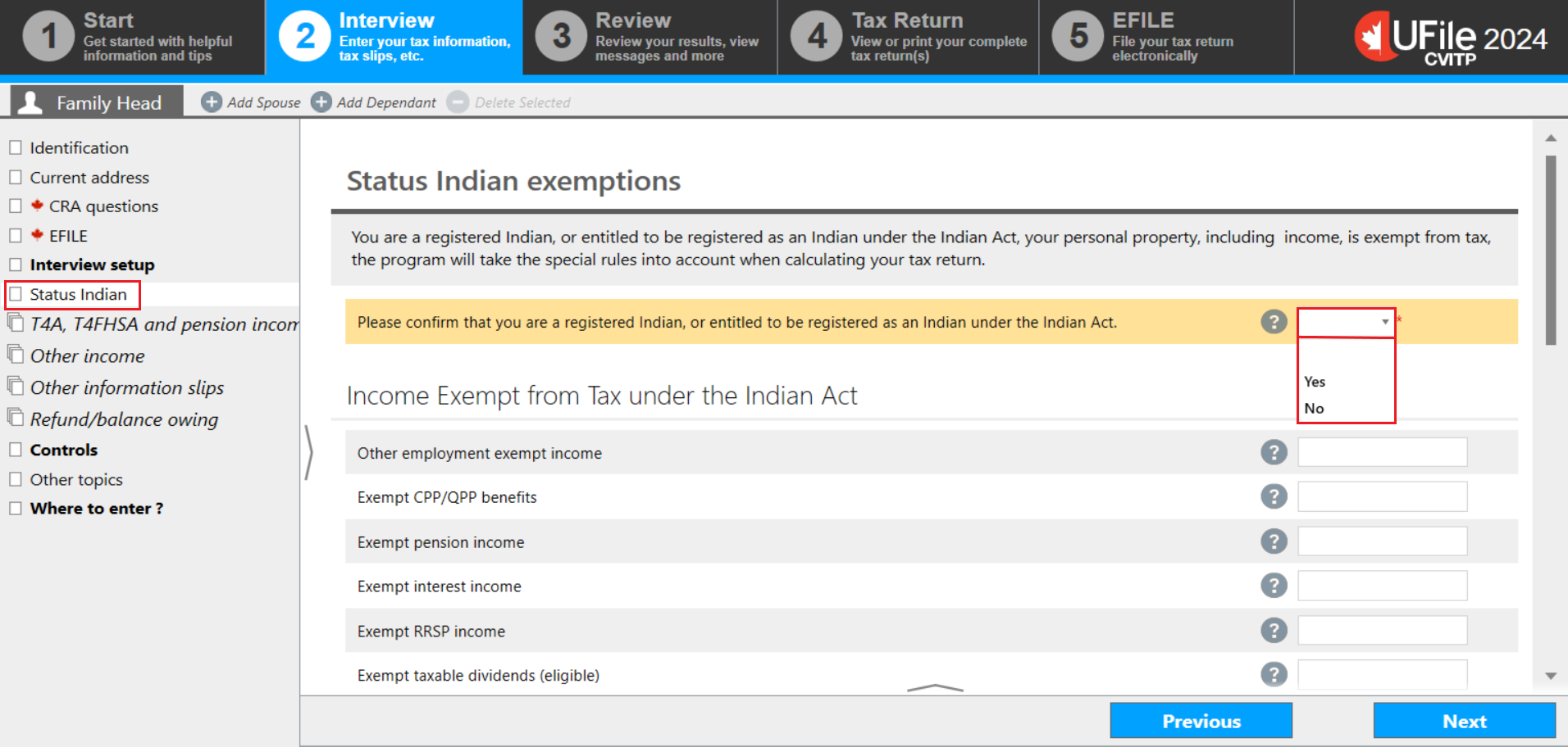 Tax return for Status Indian screen