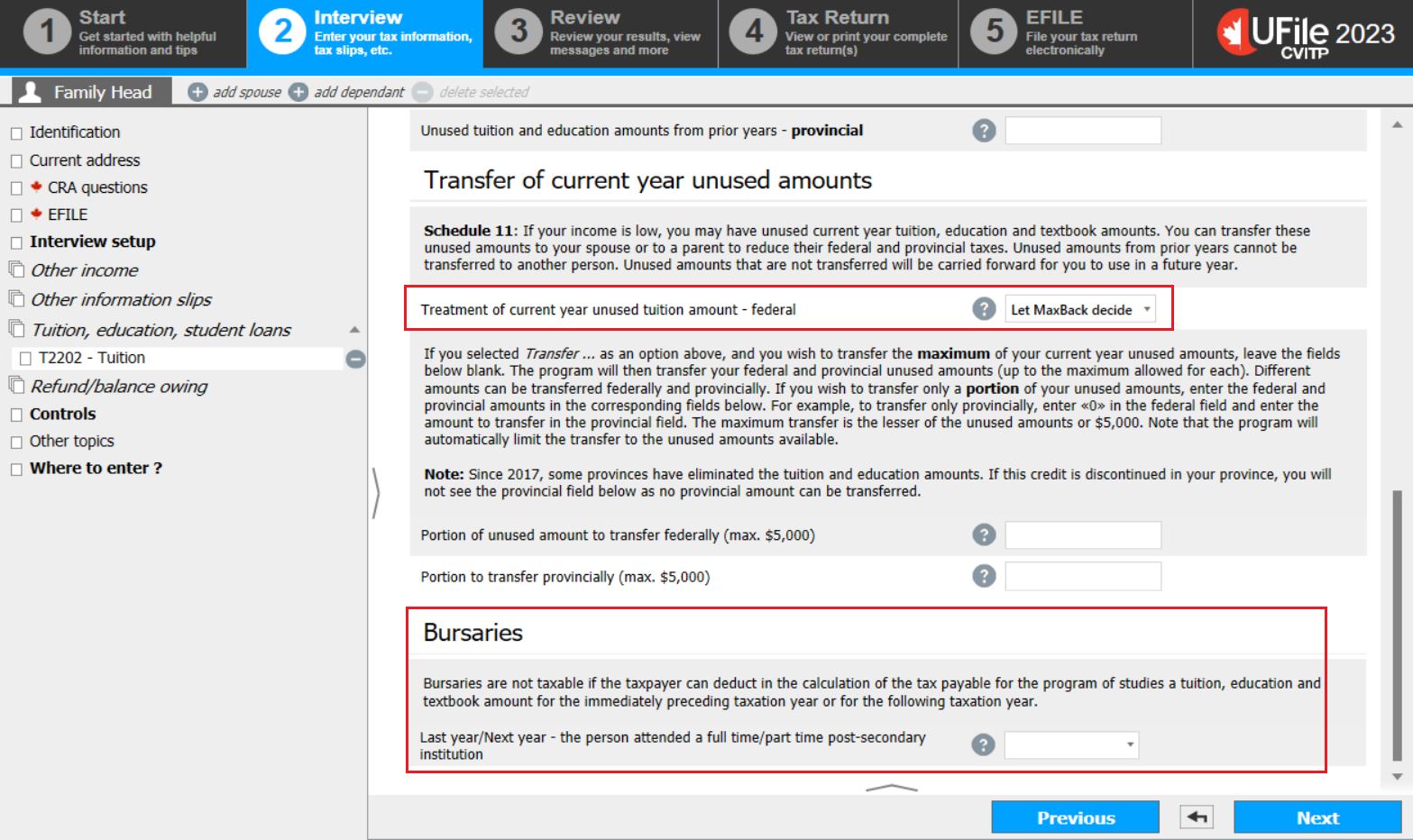 Tuition - Transfer of current year unused amounts, Bursaries