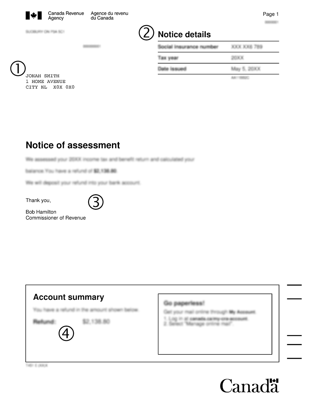 Page one of the notice of assessment, that contains notice details, such as your social insurance number, the tax year and the date of your notice, as well as an account summary.