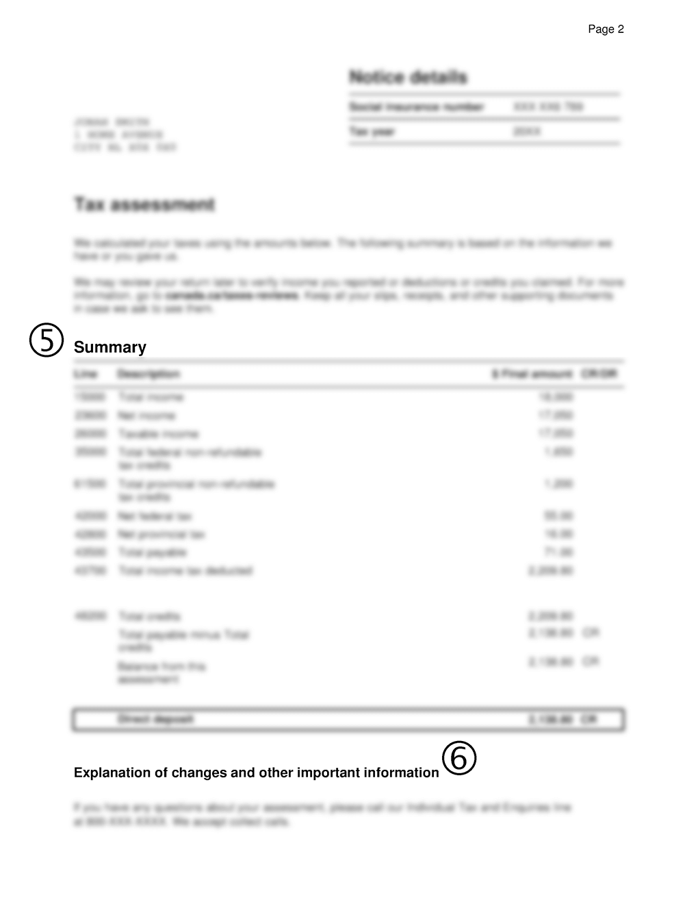 Page two of the notice of assessment, that contains the breakdown of the amounts assessed, including line descriptions, and an explanation of changes and other important information.
