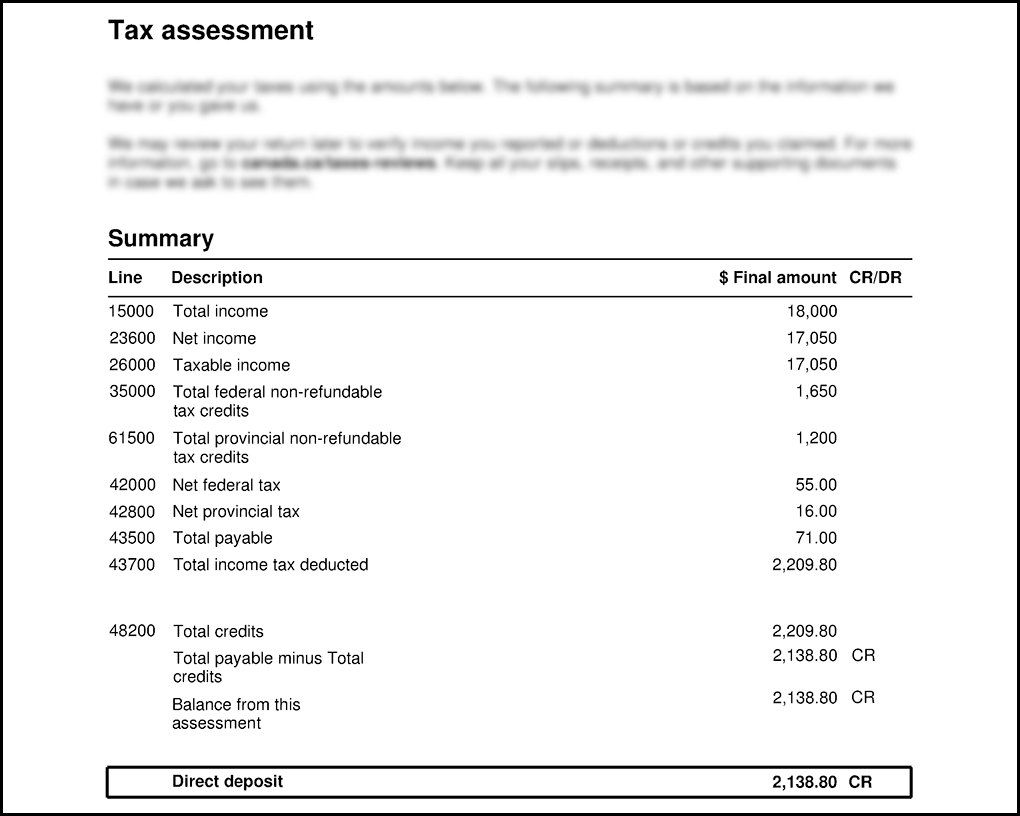 A tax assessment and summary of a notice of assessment.