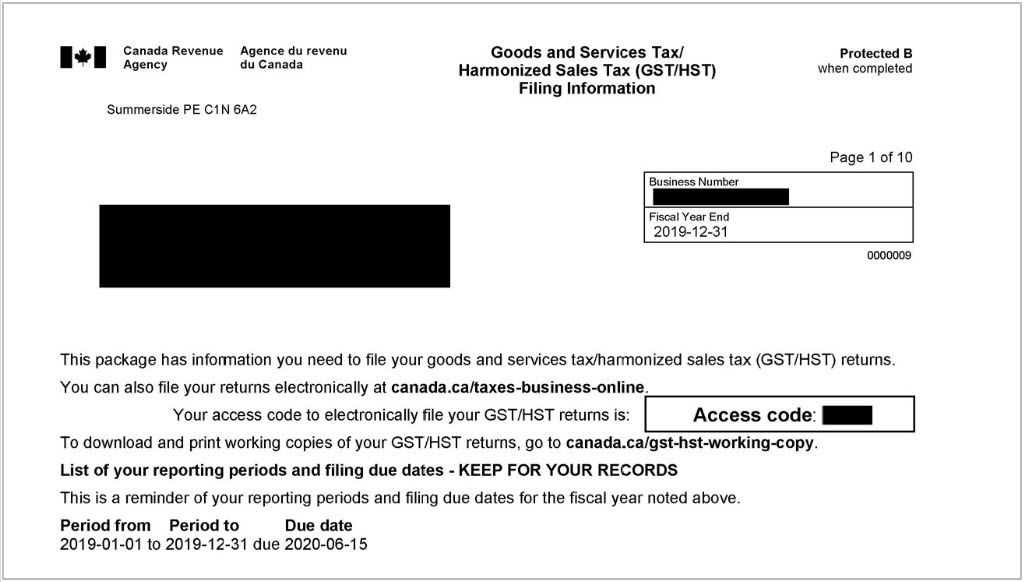 Example personalized GST/HST Filing Information