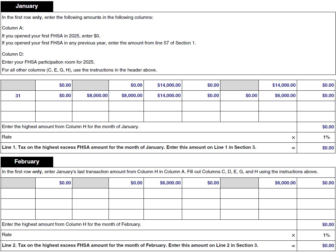 Filled out Form RC728-SCH-A. Section 2 chart. January and February.