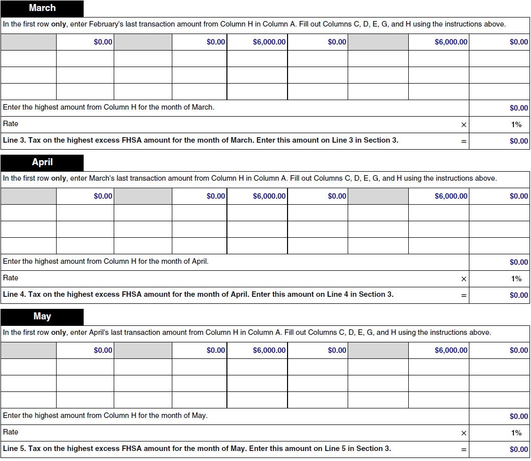 Filled out Form RC728-SCH-A. Section 2 chart. March, April, and May.