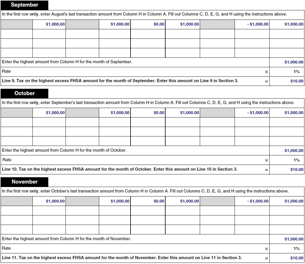 Filled out Form RC728-SCH-A. Section 2 chart. September, October, and November.