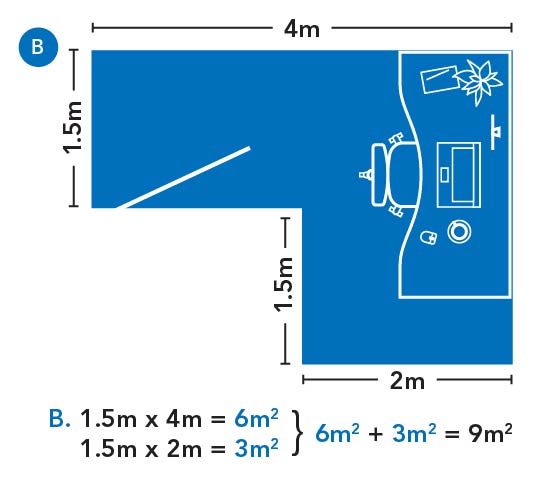 L-shaped room. The room is 4 metres by 3 metres, with a 2 metre by 1.5 metre cut-out.