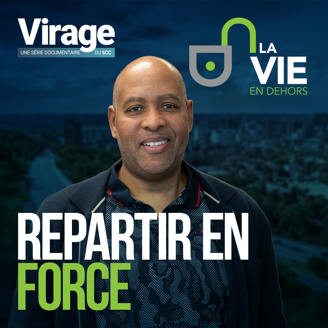 Un visuel présentant Joe devant un paysage urbain avec le logo de la vie en dehors représenté par un cadenas ouvert. Le texte: «Repartir en force. Virage une série documentaire du SCC.»