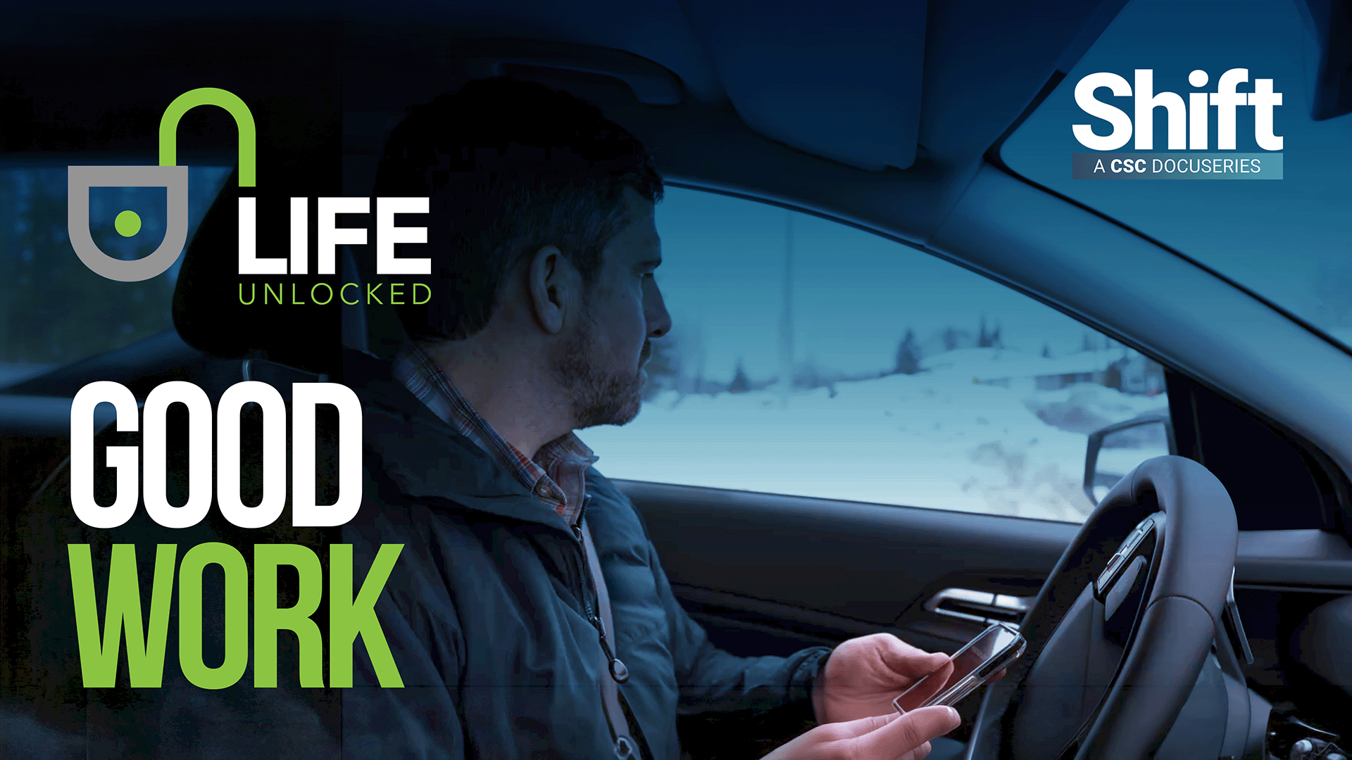 A photo of a Parole Officer Supervisor on his shift with text overlays of ‘Shift: Life Unlocked’ and ‘Good Work’
