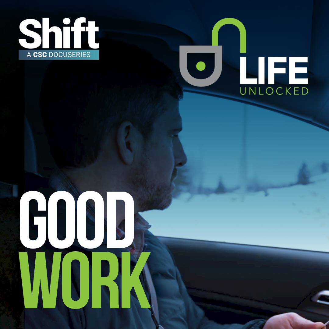 • A photo of a Parole Officer Supervisor on his shift with text overlays of ‘Shift: Life Unlocked’ and ‘Good Work’.