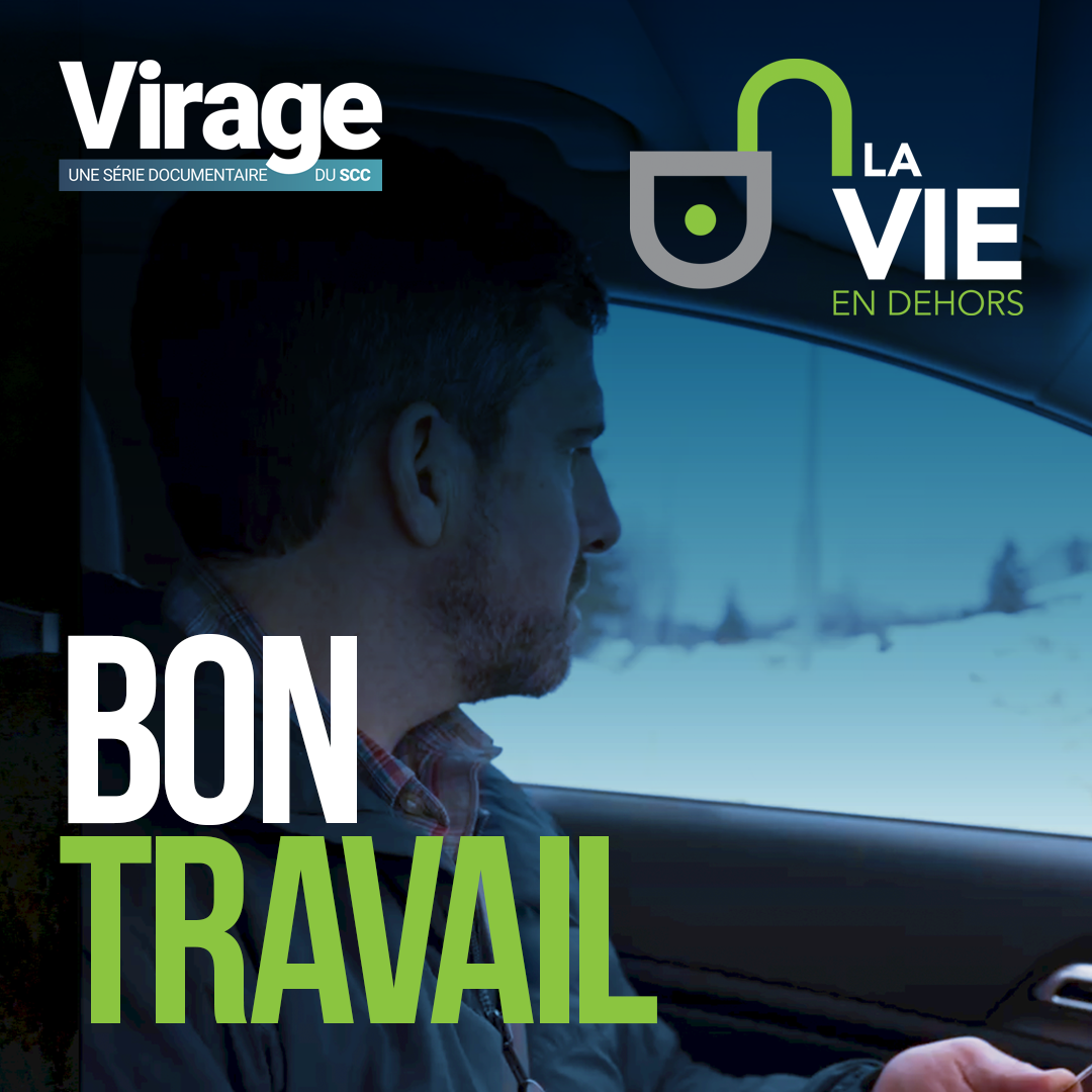 Photo d’un responsable des agents de libération conditionnelle pendant son quart de travail avec des superpositions de texte « Shift : Life Unlocked » et « Good Work »