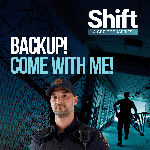 A graphic featuring Guillaume a Correctional Officer, with a secure corridor and the silhouette of another Correctional Officer in the background, with the text: “Shift a CSC Docuseries. Back up! Come with me!”
