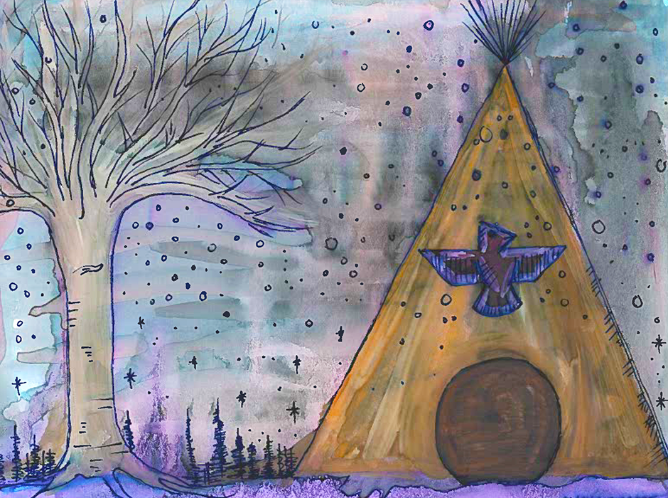 Dessin d’un tipi et d’un arbre dans la neige