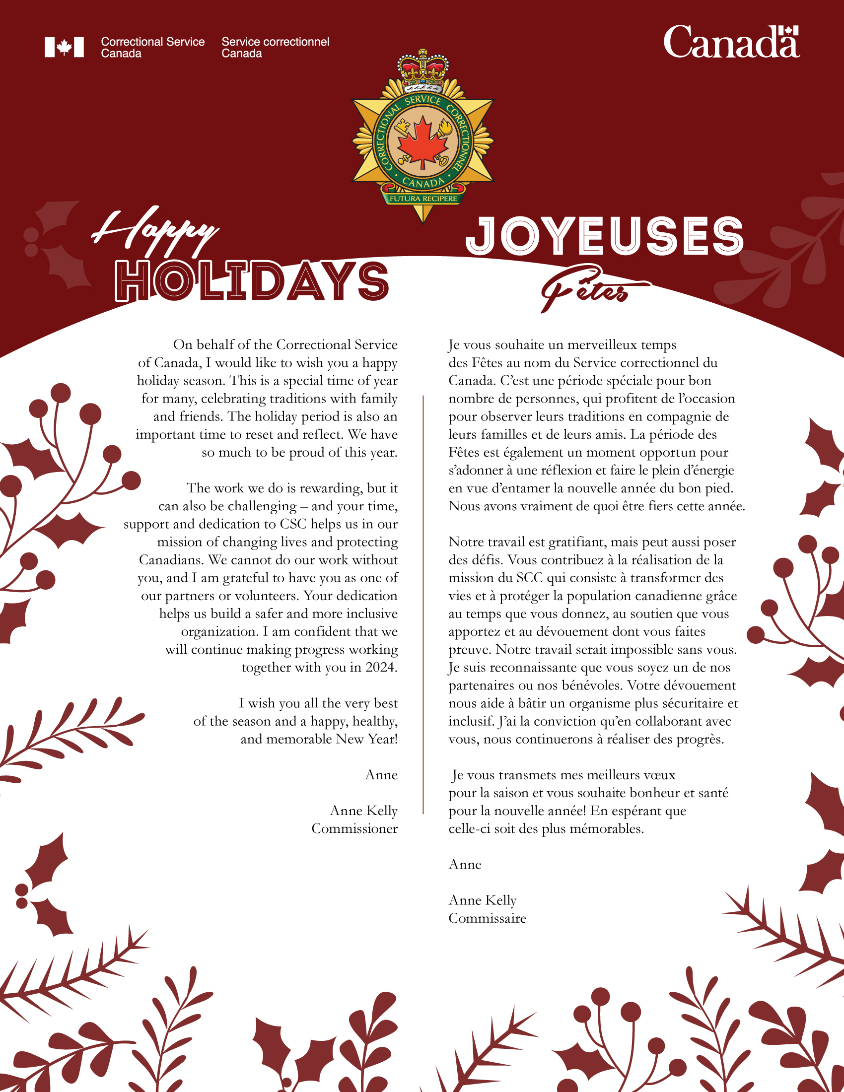 2023 Holiday Commissioner message to stakeholders