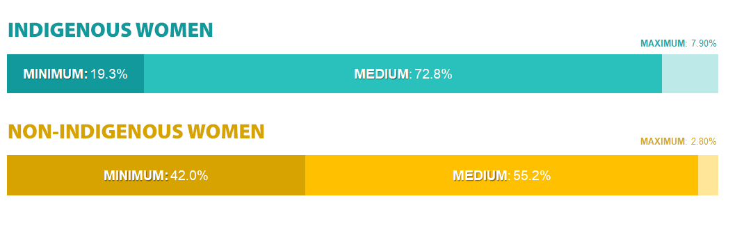 For Indigenous women offenders, 7.9% were assessed as maximum, 72.8% as medium, and 19.3% as minimum. For non-Indigenous women offenders, 2.8% were assessed as maximum, 55.2% as medium, 42% as minimum.