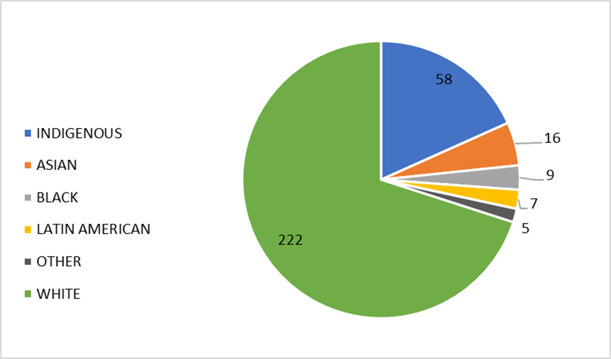 Pie chart divided into 6 sections of different sizes that illustrates which racial identity offenders who participated in a face-to-face meeting identified with, from 1992 to 2024.