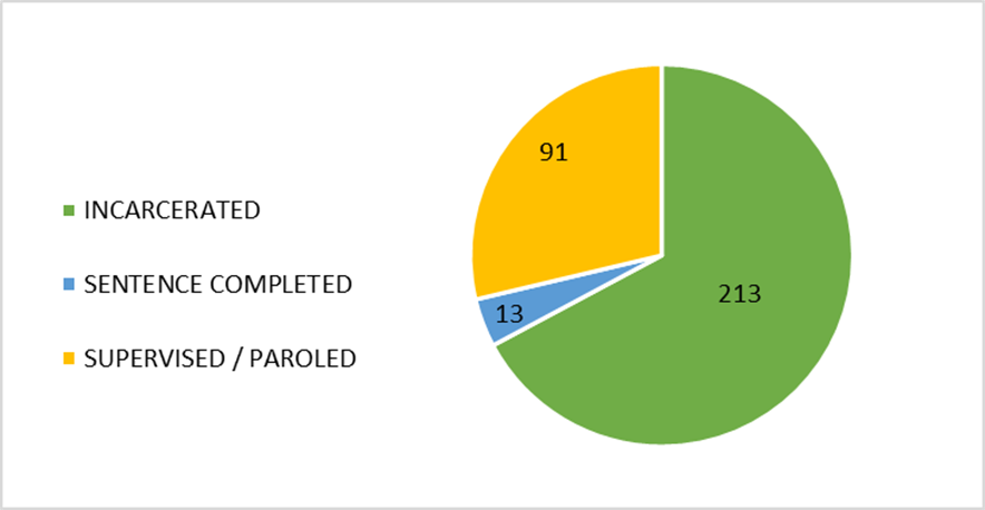 Pie chart that contains three sections of different sizes that illustrate the status of offenders at the time of the face-to-face meeting