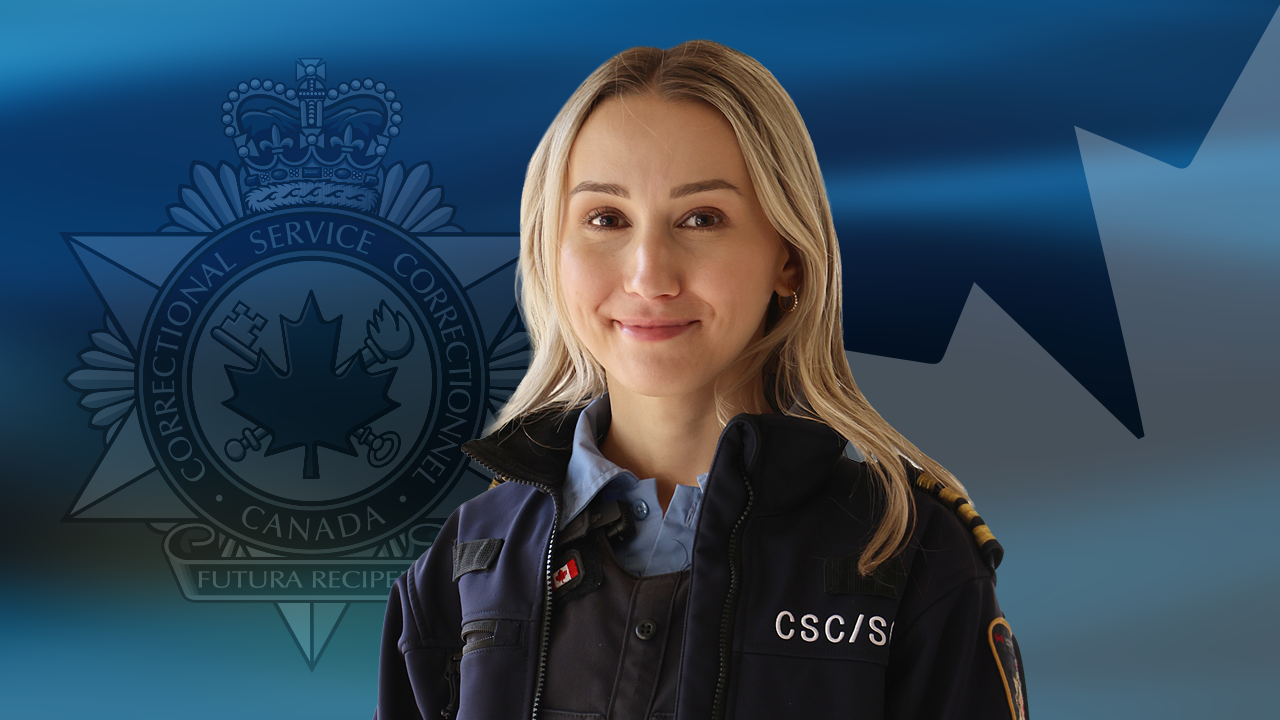 A dark blue graphic with a CSC badge and a Canadian maple leaf in the background. There is a photo of Husnija.