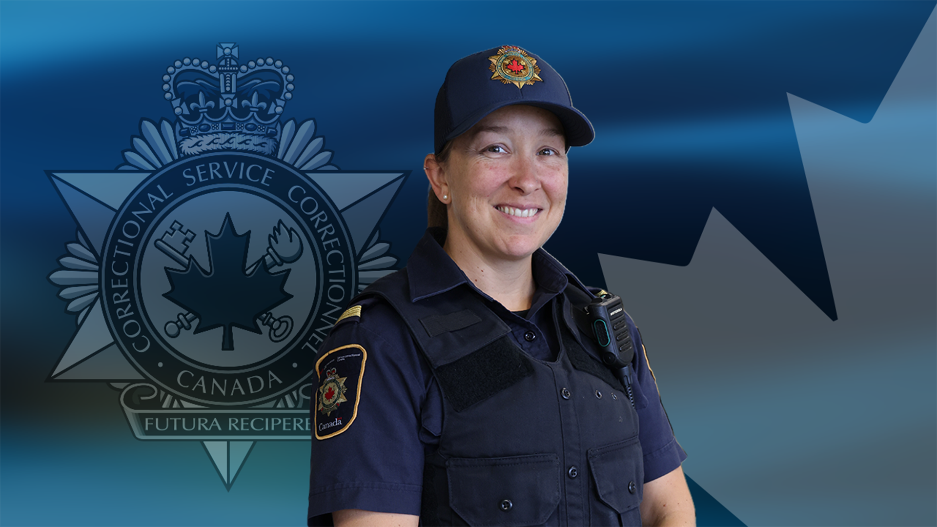 A graphic with a blue background and a photo of Alison, a Correctional Officer from Cowansville Institution in Quebec. 