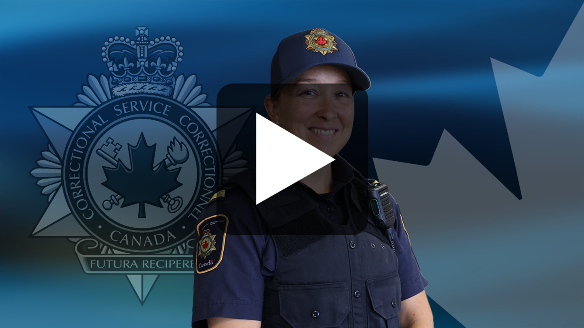 A graphic with a blue background and a photo of Alison, a Correctional Officer from Cowansville Institution in Quebec.