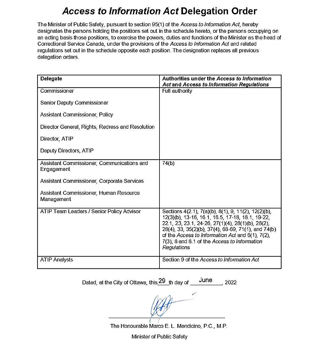 Figure 7: Image of Access to Information Act Delegation Order