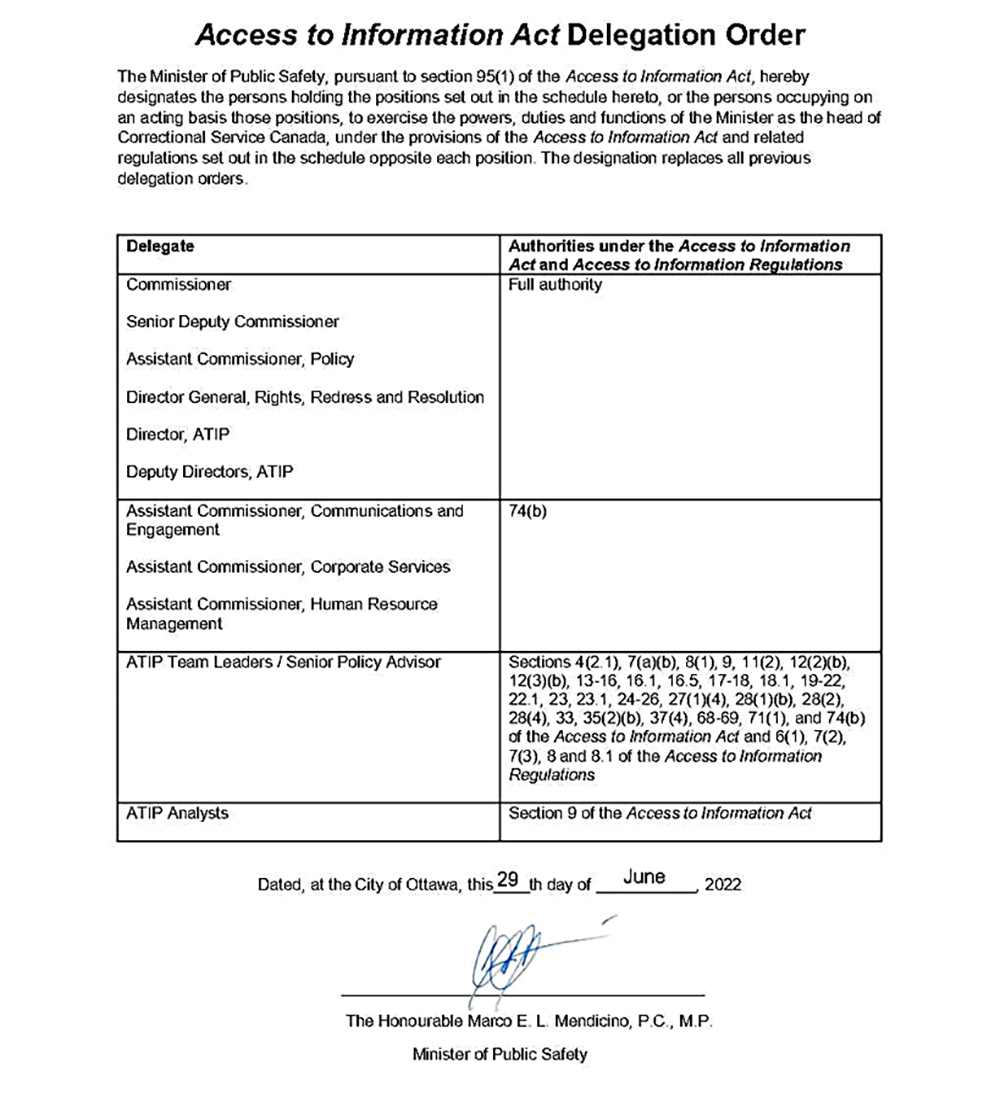 Figure 7: Access to Information Act Delegation order