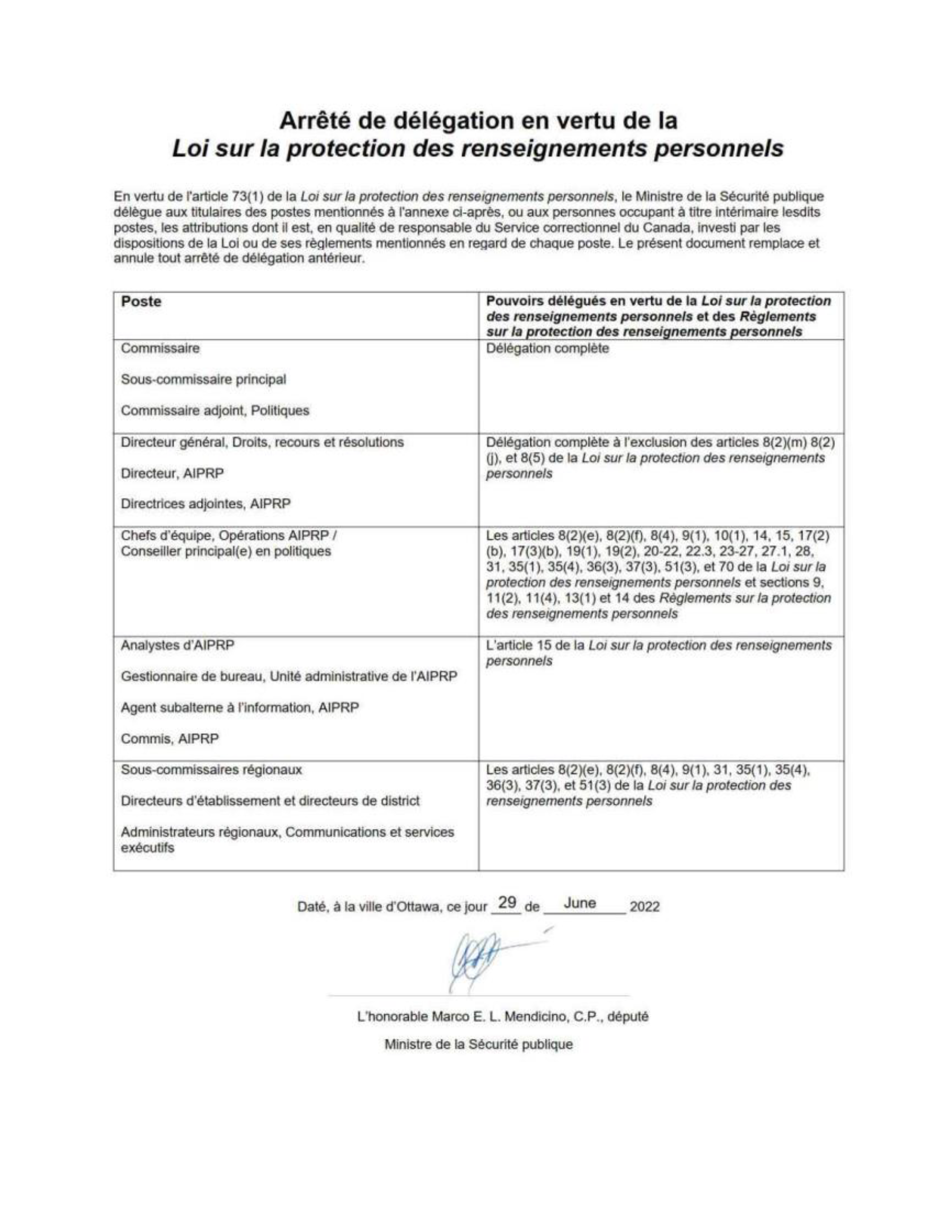 pour la description de l’image, lisez le texte équivalent pour Figure 7 : Ordonnance de délégation de pouvoirs