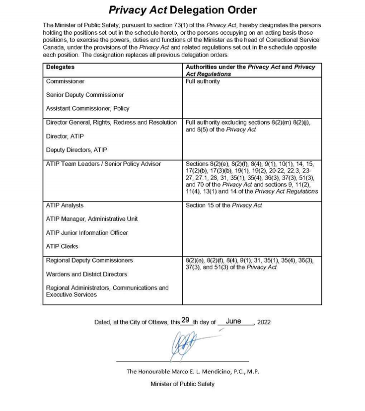 for image description read Text description for Figure 7: <em>Privacy Act</em> Delegation Order