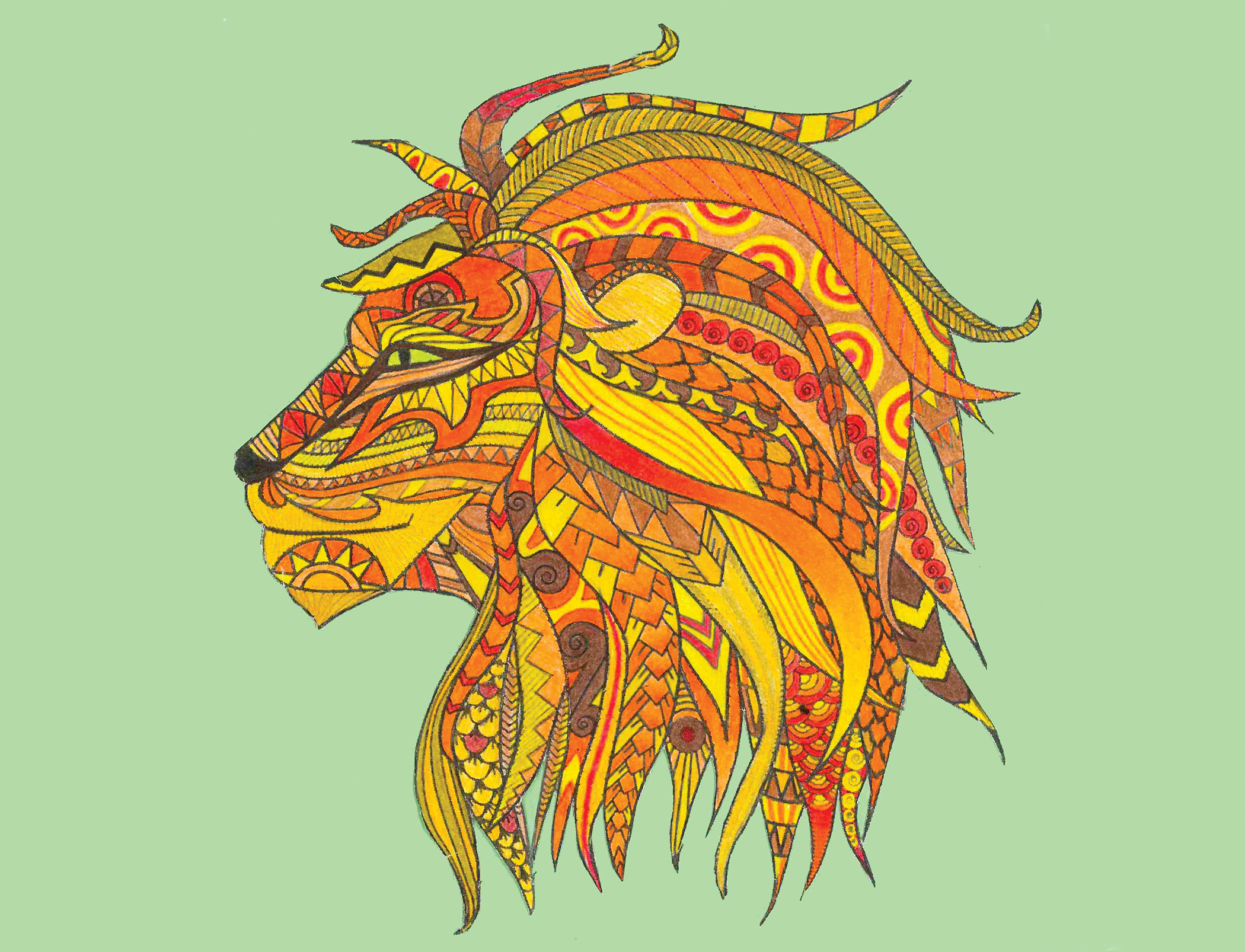 stylized coloured sketch of a lion’s head
