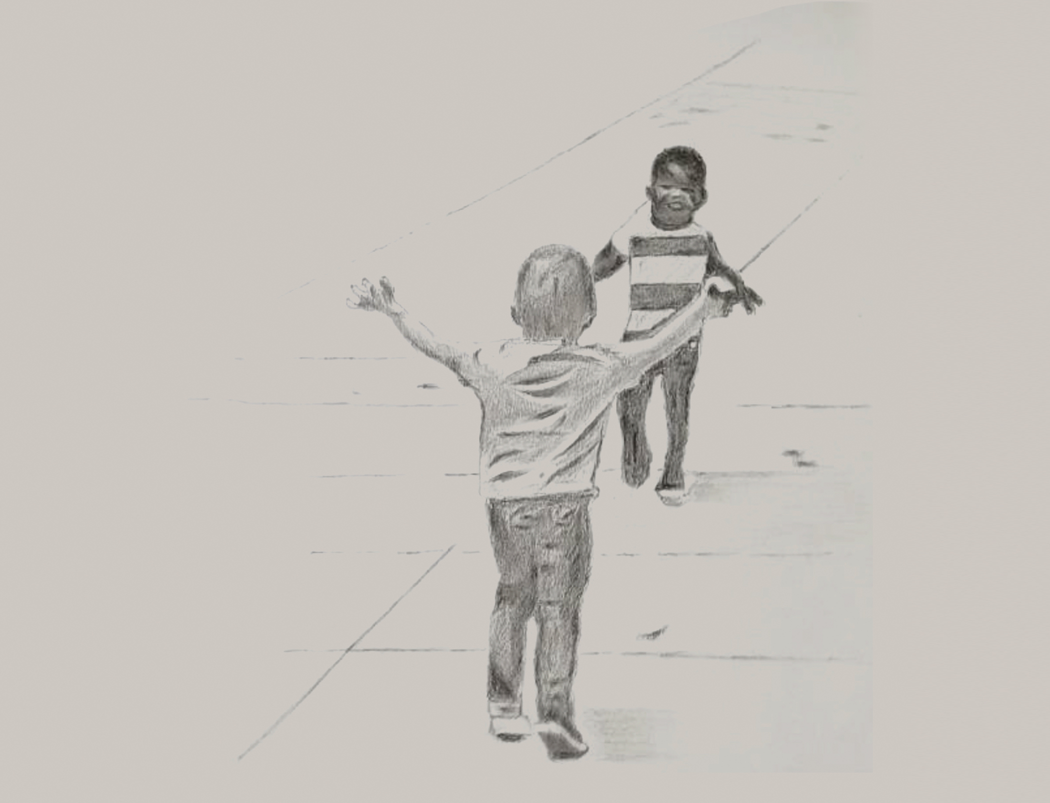 drawing of two little boys running toward each other