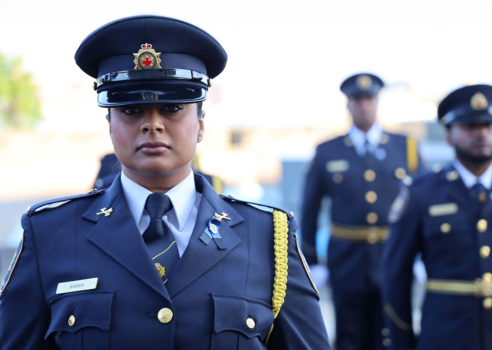 Ashley Singh dans un uniforme correctionnel de cérémonie accompagnée de deux autres agents en uniforme en arrière-plan.