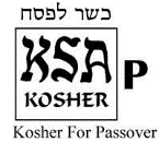 Carré entourant les lettres KSA au-dessus du mot KOSHER, et la lettre P à la droite du carré, avec l’expression Kosher For Passover écrite sous le carré et des caractères hébraïques au-dessus du carré.