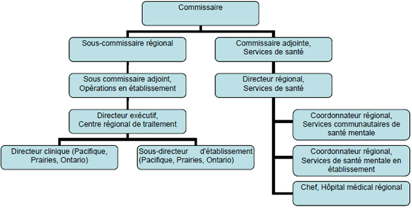 Structure de gouvernance pour la santÃ© mentale. Ce graphique illustre la structure organisationnelle des centres de traitements.
