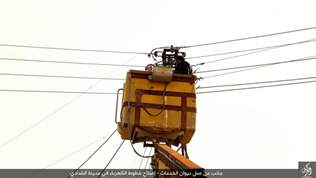 Figure 15: "Aspect of the work of the Services Department: repairing powerlines in the city of al-Shadadi", Barakah Province Media Office, 21 January 2016.