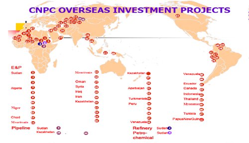 graphic showing the locations on a world map of CNPC overseas investment projects
