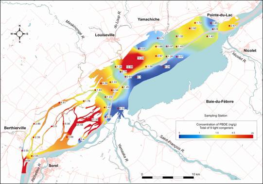 Figure showing mean PBDE concentrations in sediments of the northern portion of Lake Saint-Pierre. The concentrations range from 0 to 25 ng/g. The channels upstream of the lake and one area opposite Louiseville have the highest concentrations, while the southern portion of the vanigation channel has the lowest concentrations.