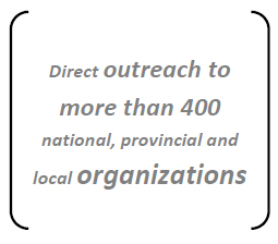 Direct outreach to more than 400 national, provincial and local organizations