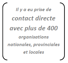 Il y a eu prise de contact directe avec plus de 400 organisations nationales, provinciales et locales
