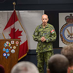 General Wayne Eyre, Acting Chief of Defense Staff addresses the members of 407 Squadron, 19 Air Maintenance Squadron and 19 Operational Support Squadron at the Town Hall held for the squadrons during his visit to 19 Wing Comox, British Columbia on 04 October 2021. Credit: S1 Larissa De Guzman, Canadian Armed Forces Photo