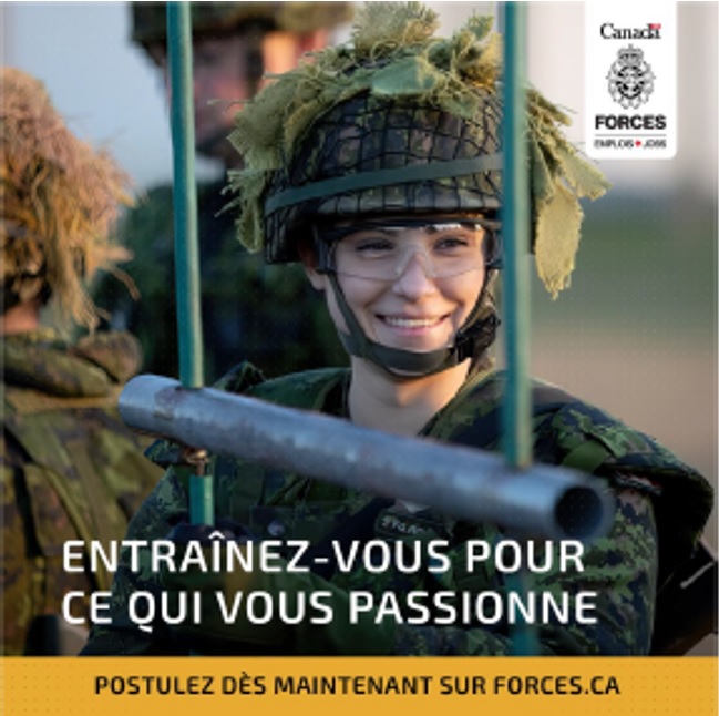 Image de la bannière carrée de la Corporal Olga Antiperovitch souriante avec le texte « Canada Forces Emplois», « Entraînez-vous pour ce qui vous passionne» et « Postulez dès maintenant sur Forces.ca »