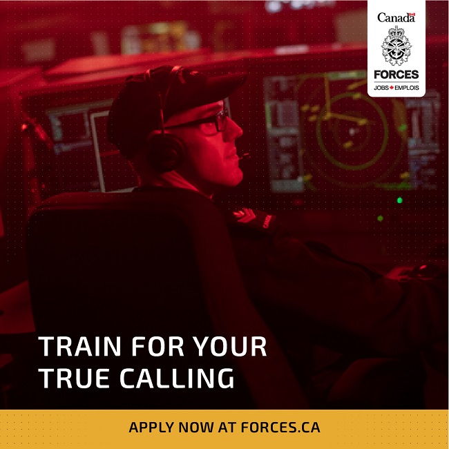 Square banner image of Corporal PO2 Richard Charland at his workstation with the text Canada Forces jobs, Train for your true calling, and Apply now at Forces.ca
