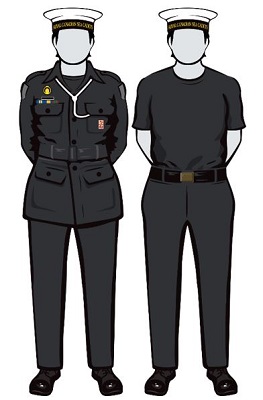 Sea uniform – C3C uniform with shirt and tie is replaced by elemental t-shirt, jacket optional