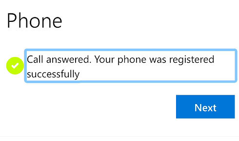 Phone - Call answered. Your phone was registered successfully. Next.