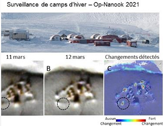 Les figures A et B sont des images SkySat prises les 11 et 12 mars 2021. La figure C montre les changements détectés entre les deux images SkySat. Texte sur l’image : Surveillance de camps d’hiver – Op-Nanook 2021.