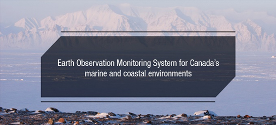 A frozen bay with snow-covered mountains in the background. Text on image: Earth Observation Monitoring System for Canada’s marine and coastal environments