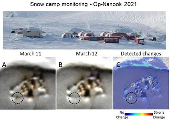 Figures A and B are SkySat images of March 11 and 12, 2021. Figure C shows the detected changes between the two SkySat images. Text on image: Snow camp monitoring – Op-Nanook 2021.