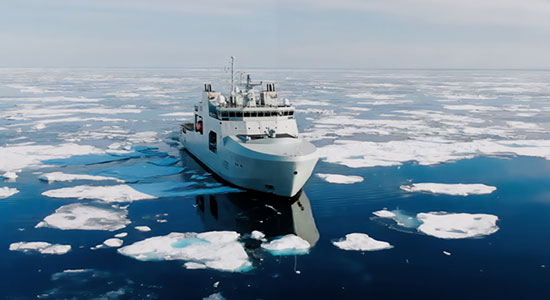 A ship surrounded by ice.