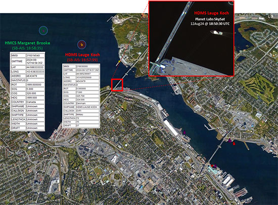 A Google map image of Bedford Basin in Nova Scotia with text inserts showing the position of HMCS Margaret Brooke and HDMS Lauge Koch.