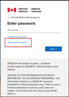 A screenshot of the Defence 365 login screen. A link labeled “Other ways to sign in” is highlighted with a red outline.