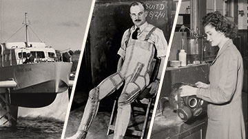 Three black-and-white images are sliced together with diagonal lines including a hydrofoil, a man in a G-suit and a woman working with a gas mask.